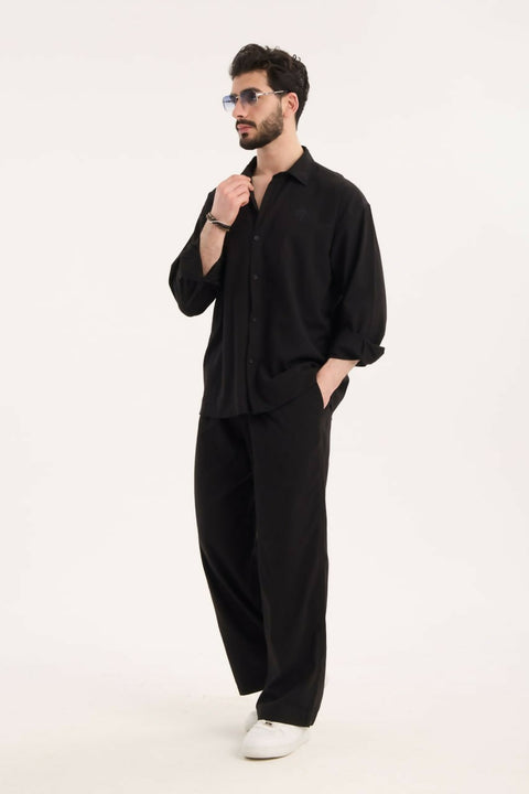 Embroidered Detail Shirt & Pants Set- Black