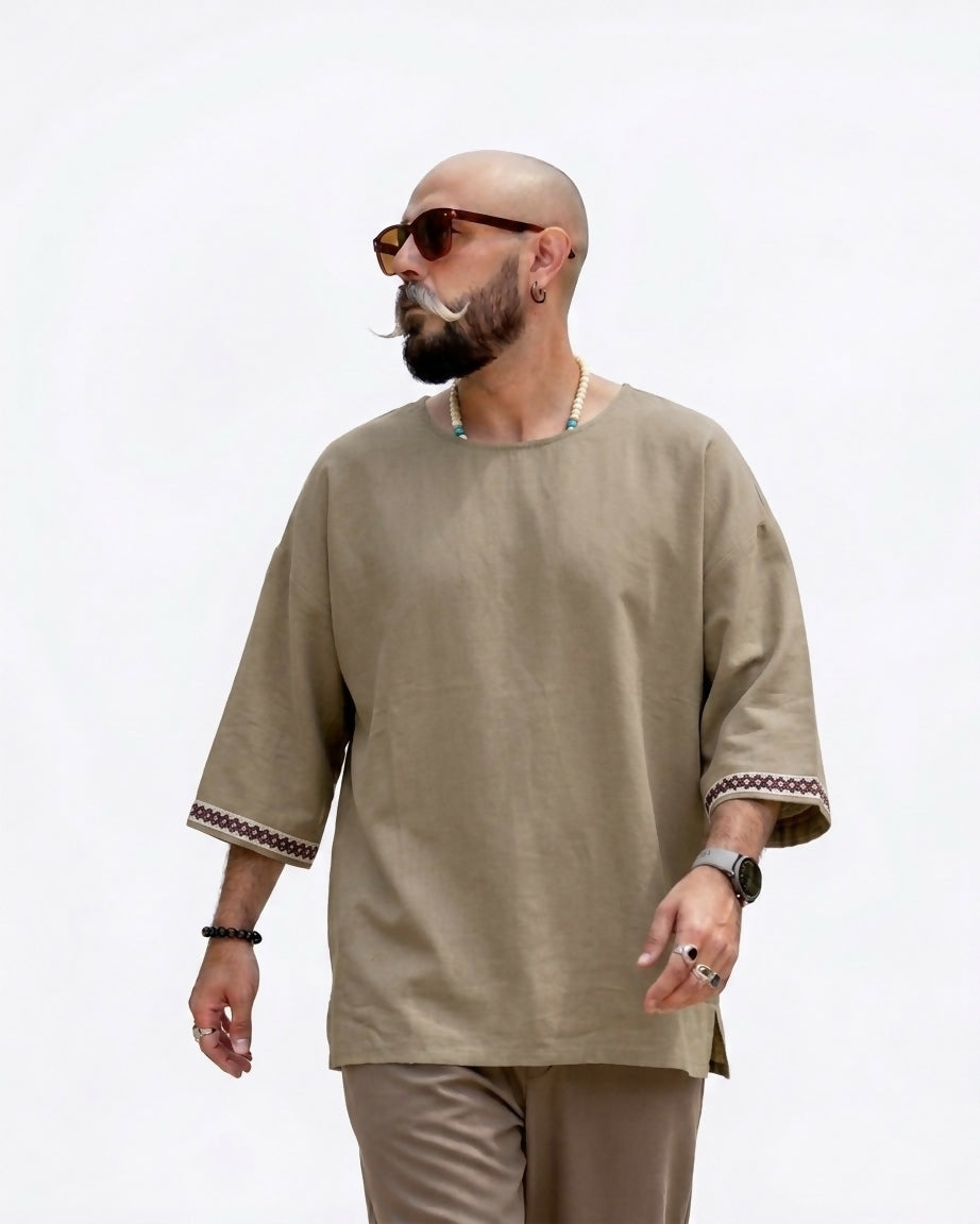 Harem Style Viscose Linen T-Shirt - Khaki