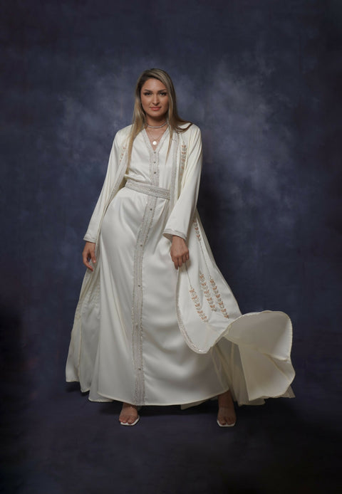 Handcrafted Embroidered – Two Piece Kaftan Dress with belt – in striped elegant touch