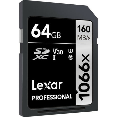 بطاقات LEXAR الاحترافية سعة 64 جيجابايت 1066X SDXC UHS-I، سرعة قراءة تصل إلى 160 ميجابايت/ثانية وسرعة كتابة 70 ميجابايت/ثانية C10 V30 U3 