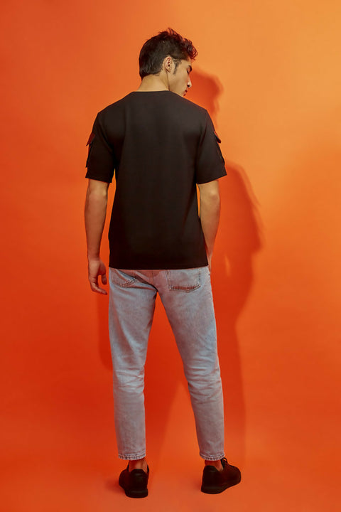 ROUND NEXK T-SHIRT with LEATHER PATCH POCKET