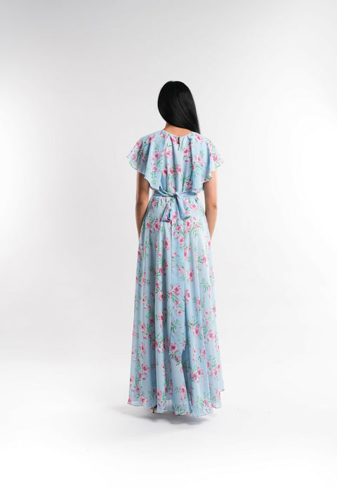 Light Blue Floral Chiffon Dress Lined