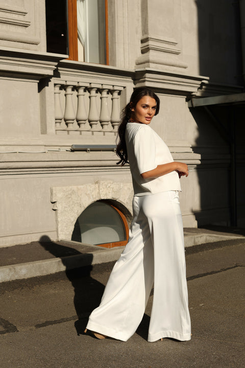 Silk Satin Palazzo Trousers White