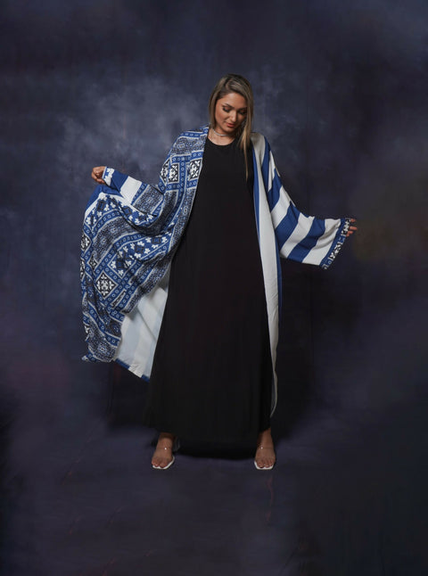 Modern Colorful Open Abaya in Blue Free Size