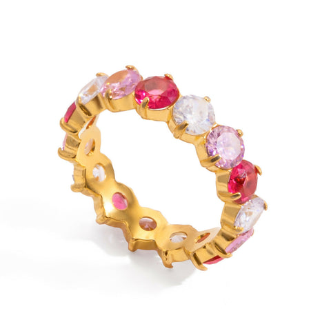 Carmela – Round CZ Ring in White, Light Pink & Dark Pink, 18K Gold Finish