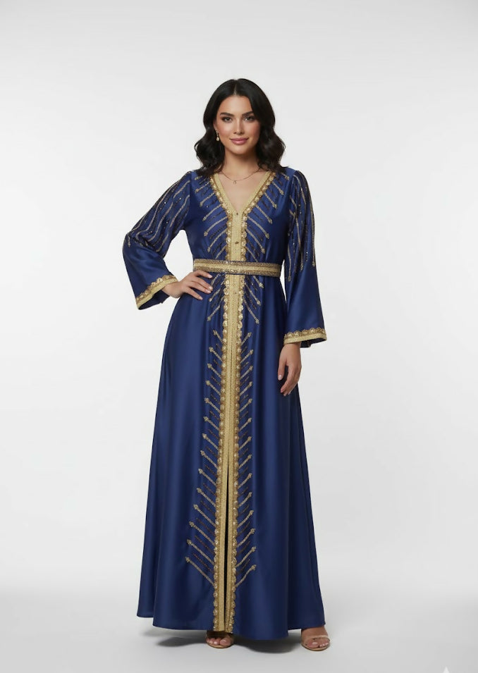 Handcrafted Embroidered – One Piece Kaftan Dress with belt – in striped elegant touch