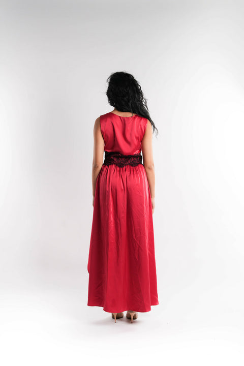 Satin Dress with Contrast Black Lace