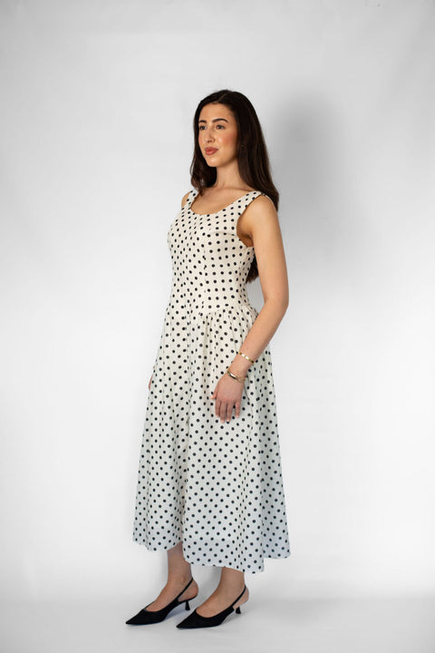 Dalia Polka Dot Linen Dress in Black & White