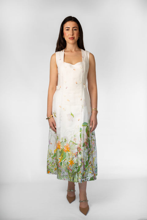 Daisy Linen Floral Print Midi Dress