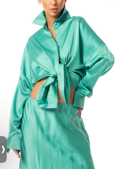 Green Silk Classic Button-Down Design Shirt And Elegant Skirt