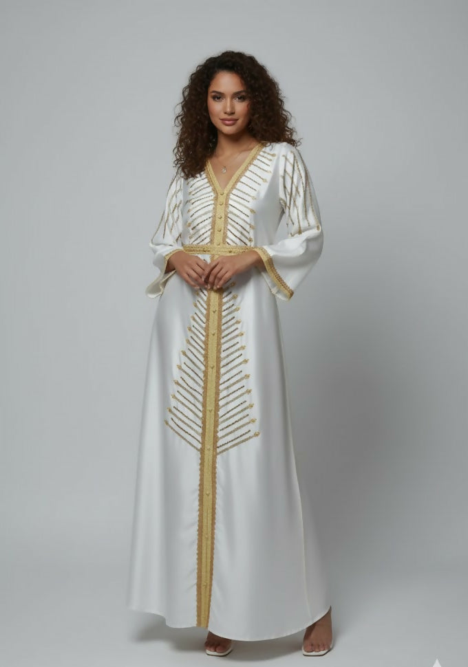 Handcrafted Embroidered – One Piece Kaftan Dress with belt – in striped elegant touch