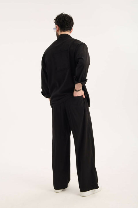 Embroidered Detail Shirt & Pants Set- Black
