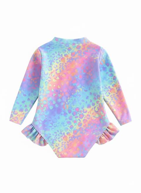 Pastel Leopard Long Sleeve Rashguard Girls Swimsuit