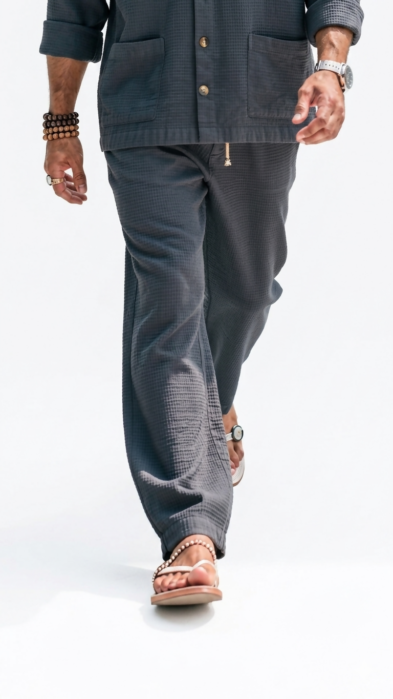 Waffle Texture Baggy Pants - Navy