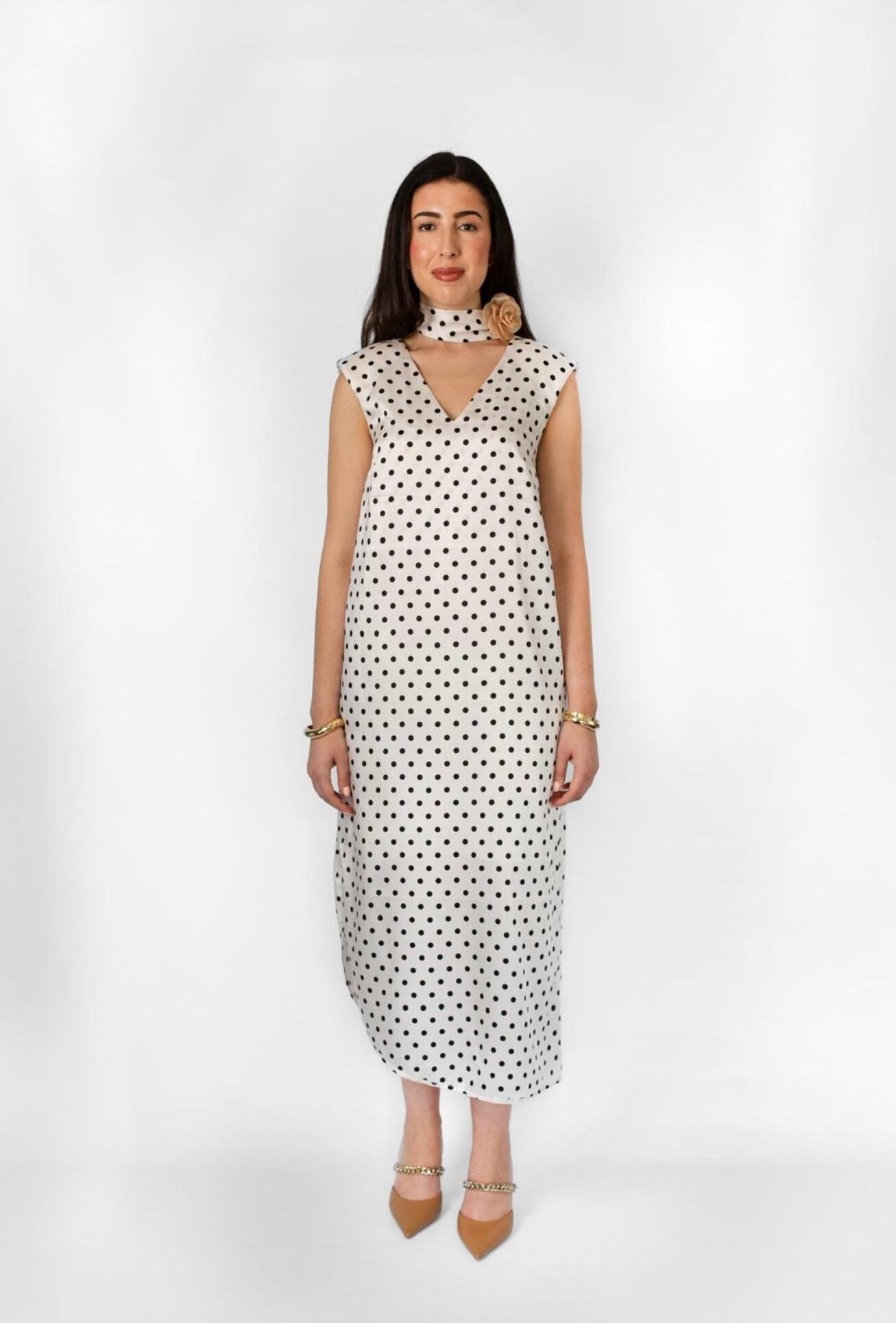 Rose Polka Dot Satin Dress With Scarf