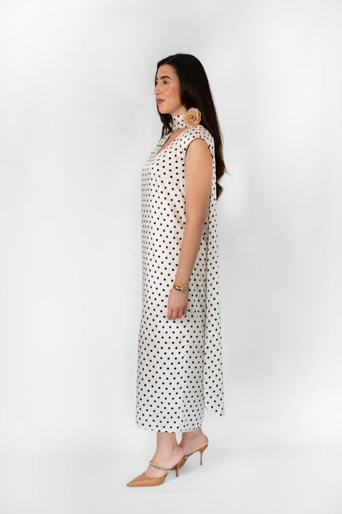 Rose Polka Dot Satin Dress With Scarf