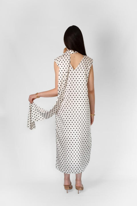 Rose Polka Dot Satin Dress With Scarf