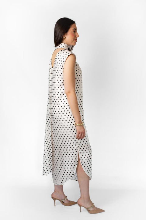 Rose Polka Dot Satin Dress With Scarf