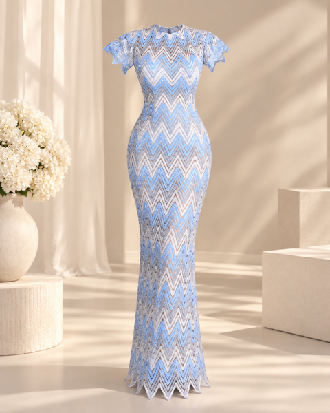 Icona Stile Blue Chevron Metallic Knit Maxi Dress
