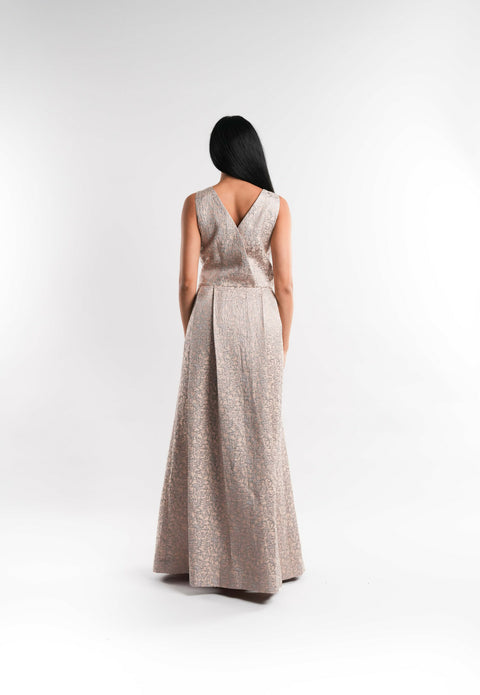 Metallic Brocade Midi Dress in Champagne Beige