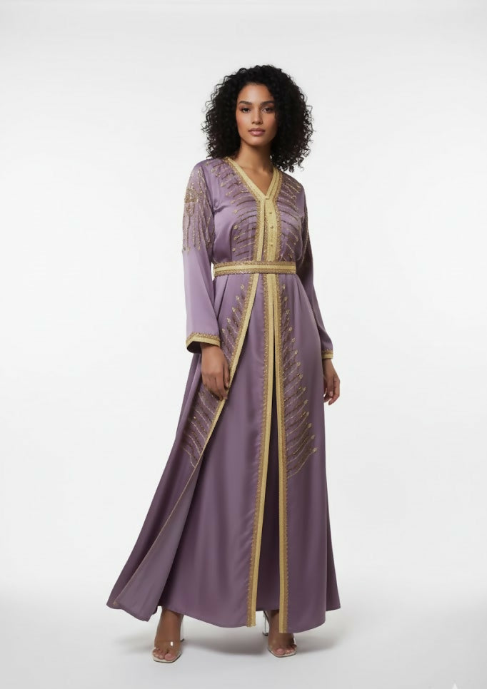 Handcrafted Embroidered – TWO Piece Kaftan Dress with belt – in striped elegant touch