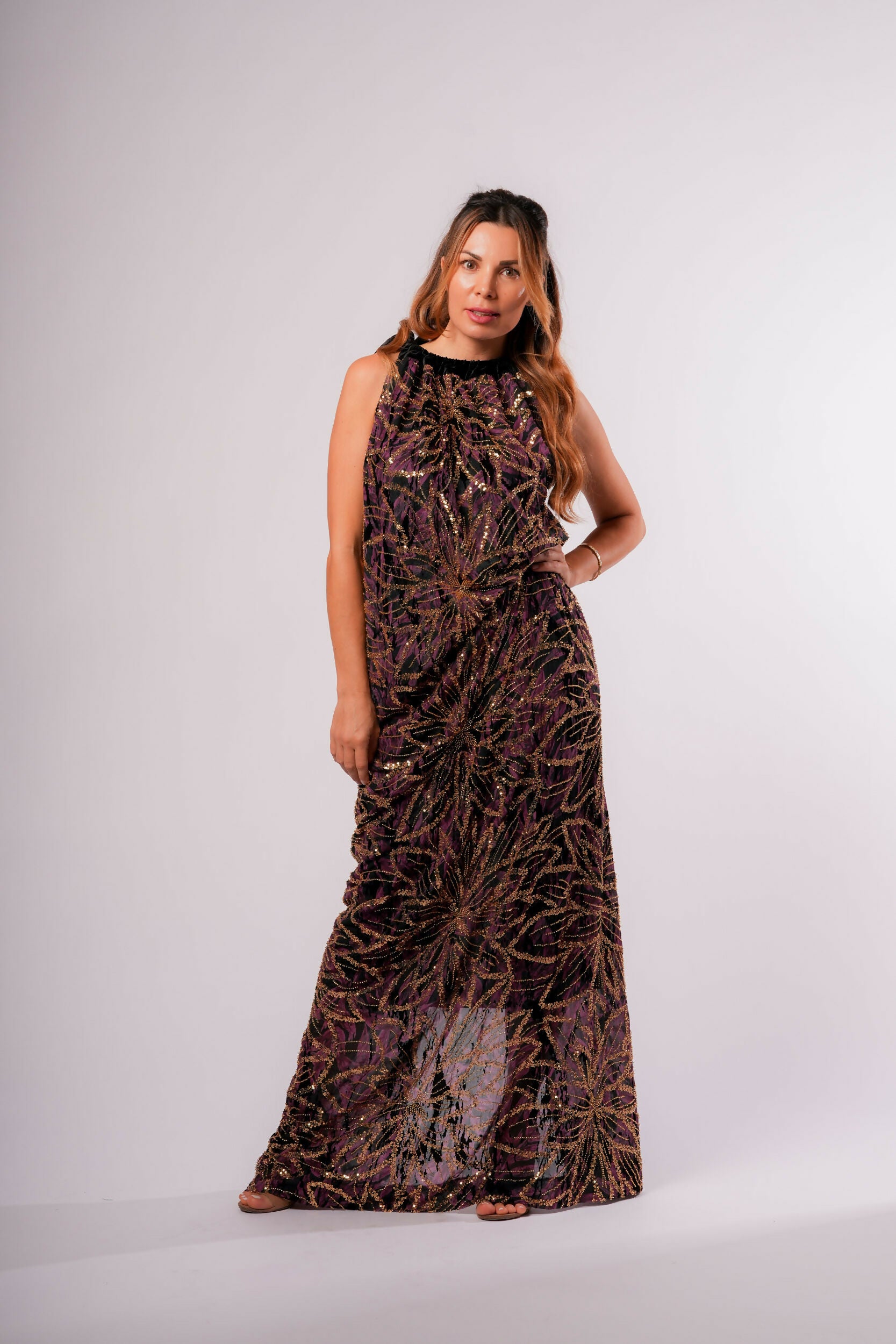 Long Purple Dress With Gold Stones
