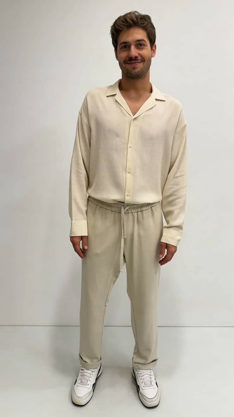 Apache Collar Back Pleated Long Sleeve Shirt - Ecru