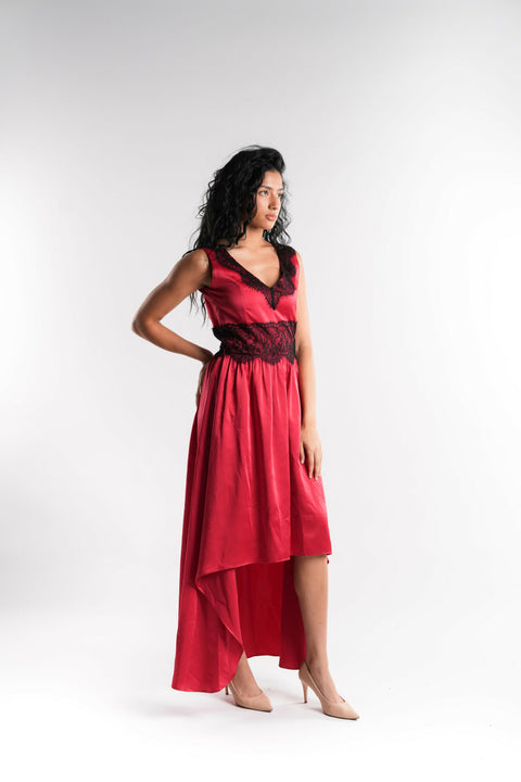 Satin Dress with Contrast Black Lace