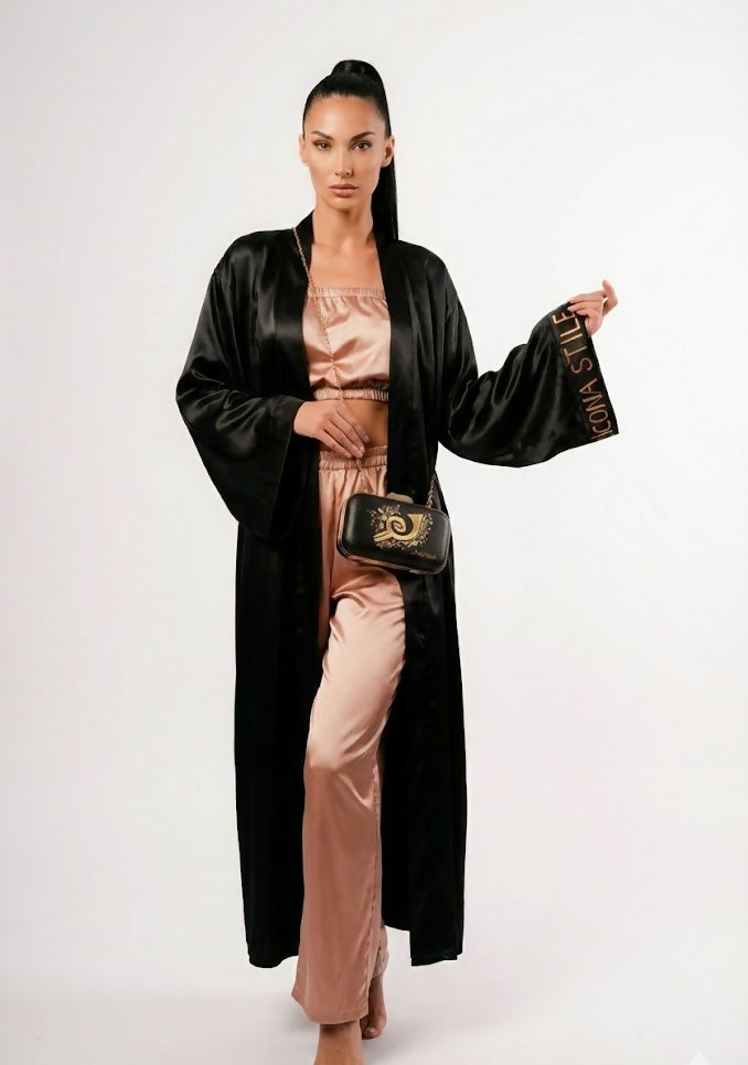 Black Satin Kimono With Writing On The Sleeve And Hand-Painted Clutch