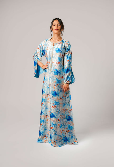 Dress-Jellabiya- Patterned Silk long Loose Style - With A luxury mixture of Blue -brown color-Sleeves with elegant lace
