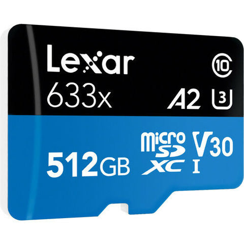 LEXAR عالي الأداء 512 جيجابايت 633X MICROSDXC UHS-I مع محول SD، ما يصل إلى 100 ميجابايت/ثانية قراءة 70 ميجابايت/ثانية كتابة C10 A2 V30 U3 