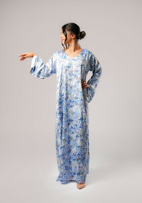 Dress-Jellabiya- Patterned Silk long Loose Style - With A luxury mixture of Blue Flowers color-Sleeves with lace