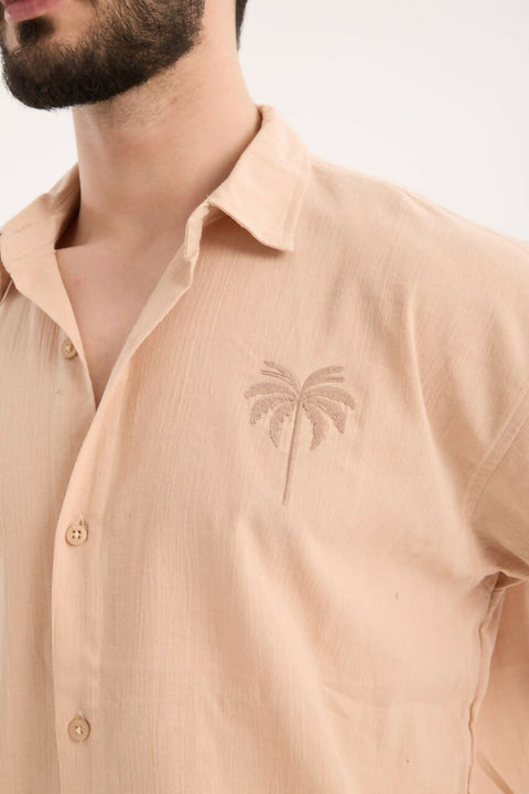 Embroidered Detail Shirt & Pants Set- Beige