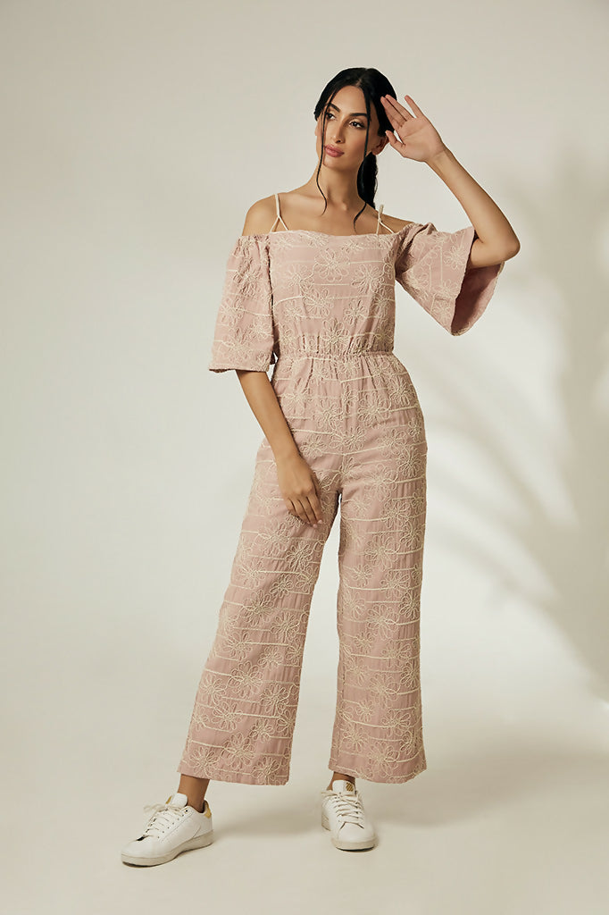 EMBROIDERED OFF SHOULDER JUMPSUIT