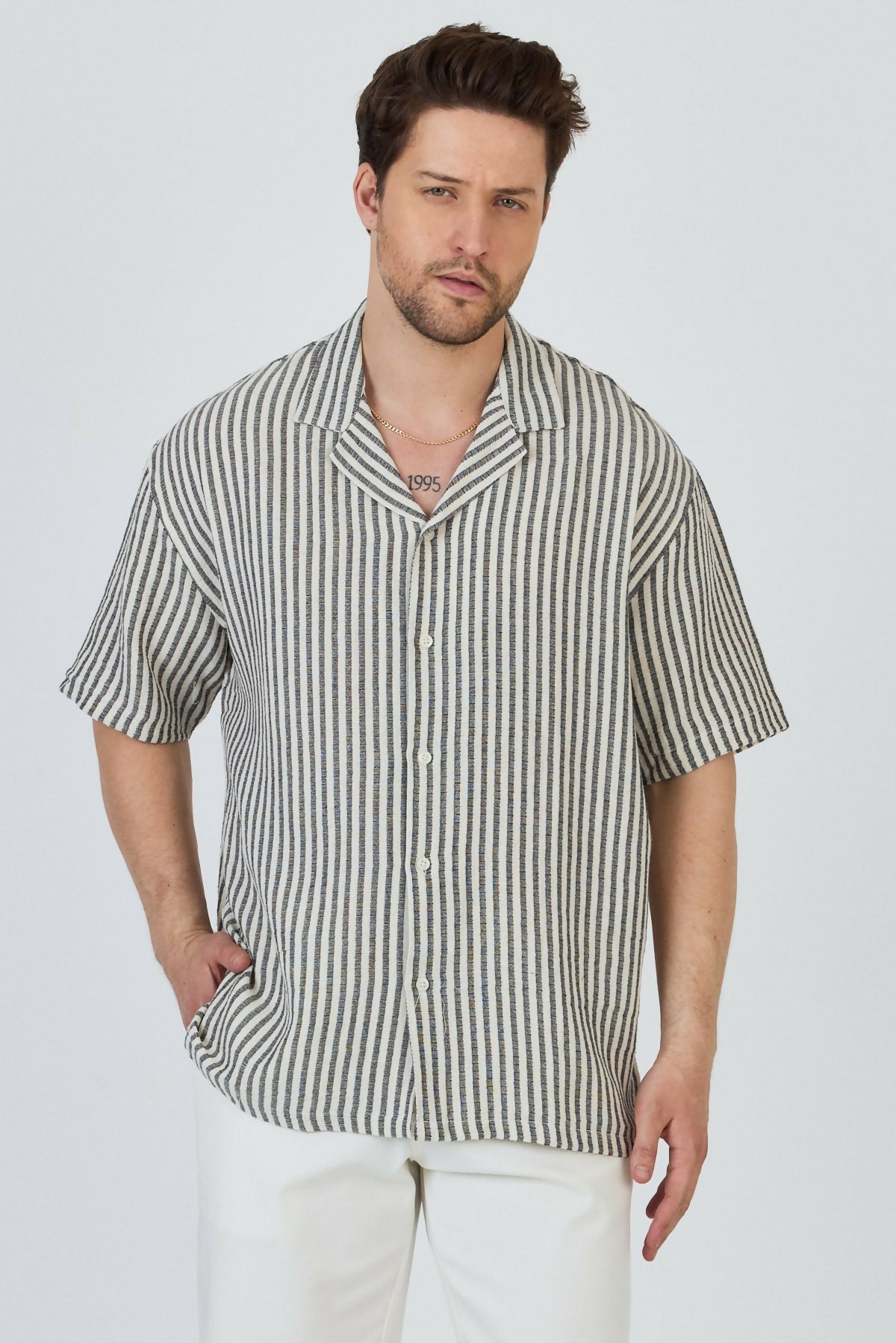Apache Collar Short Sleeve Striped Muslin Shirt - Black