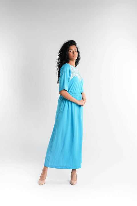 Blue crepe dress with white lace