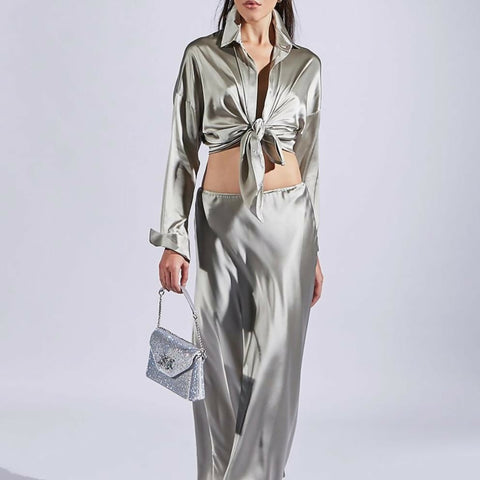 Grey Silk Classic Button-Down Design Shirt And Elegant Skirt