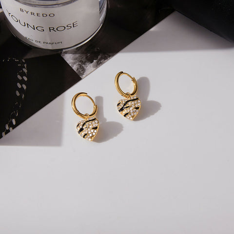 Cyria – White CZ & Black Enamel Zebra Pattern Earrings, 18K Gold Finish