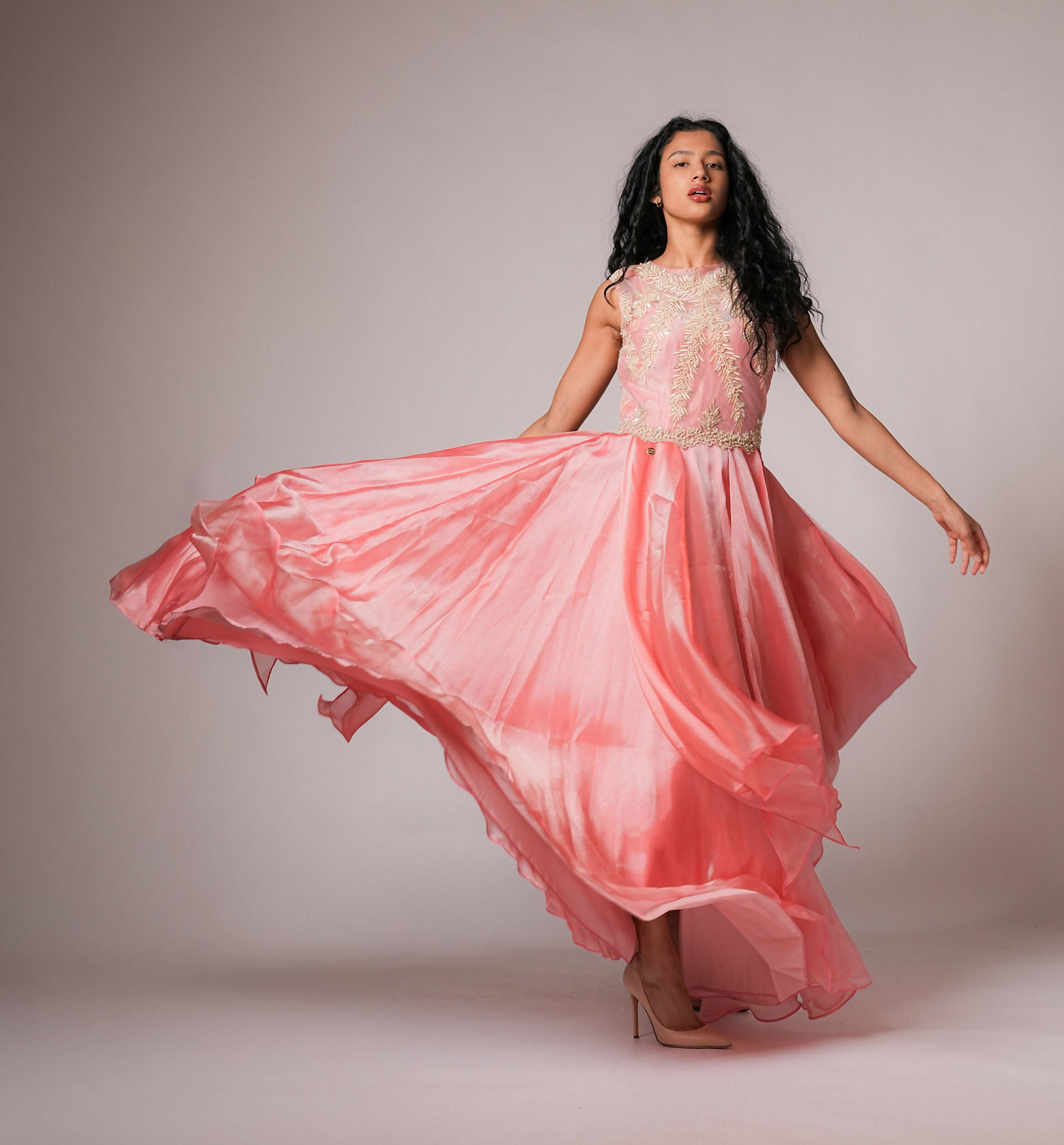 Pioni Gown in watermelon color embellished with beads