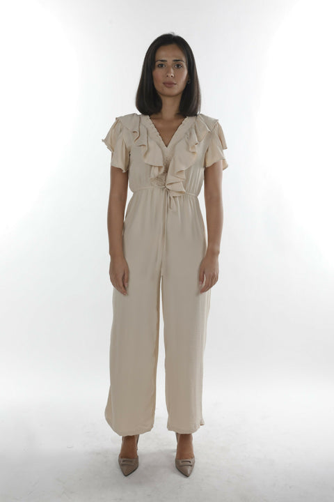 MY PEANUT Saba Ruffle Jumpsuit in Beige