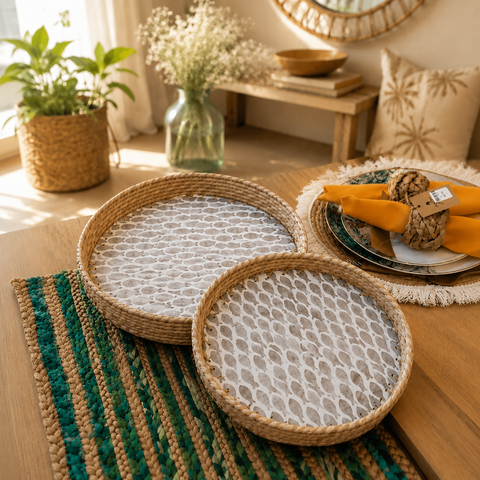 Rattan tray with fish mother of pearl (set of 2)