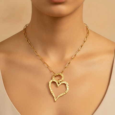 Vintage Hammered Texture Hollow Heart Link Chain Pendant Necklace