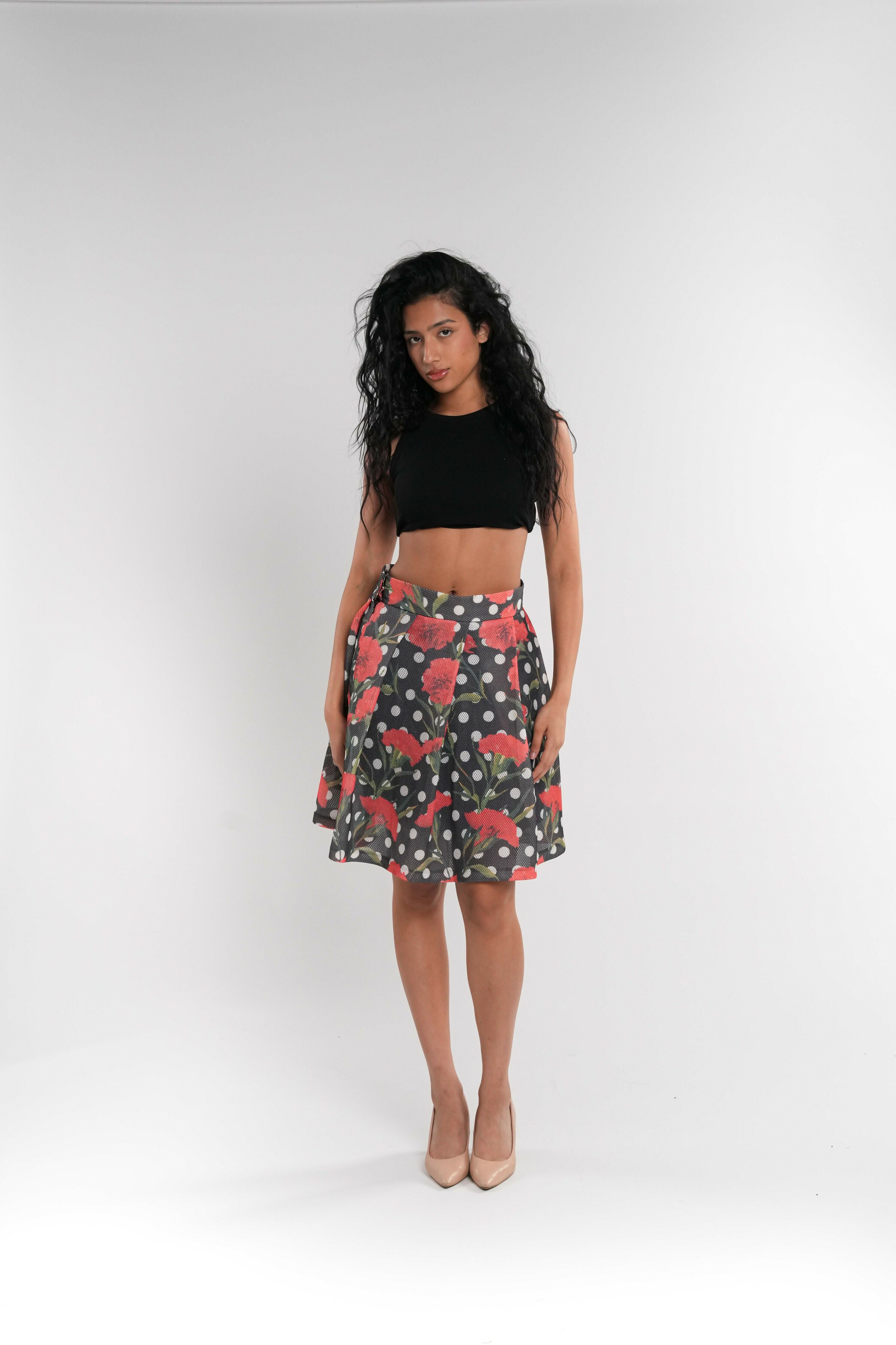 Pleated Mesh Floral Mini Skirt