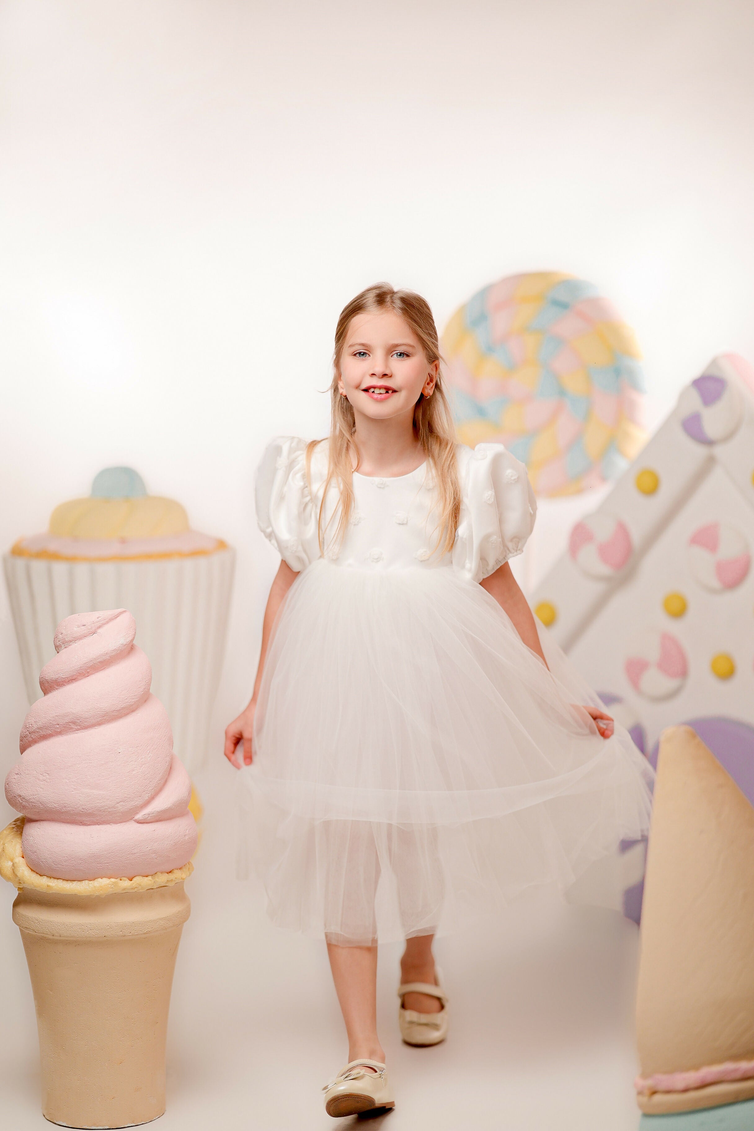 White Party Dress With A Back Bow And Balloon Sleeves
