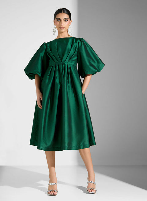 RUFFLE SLEEVE TAFFETA DRESS