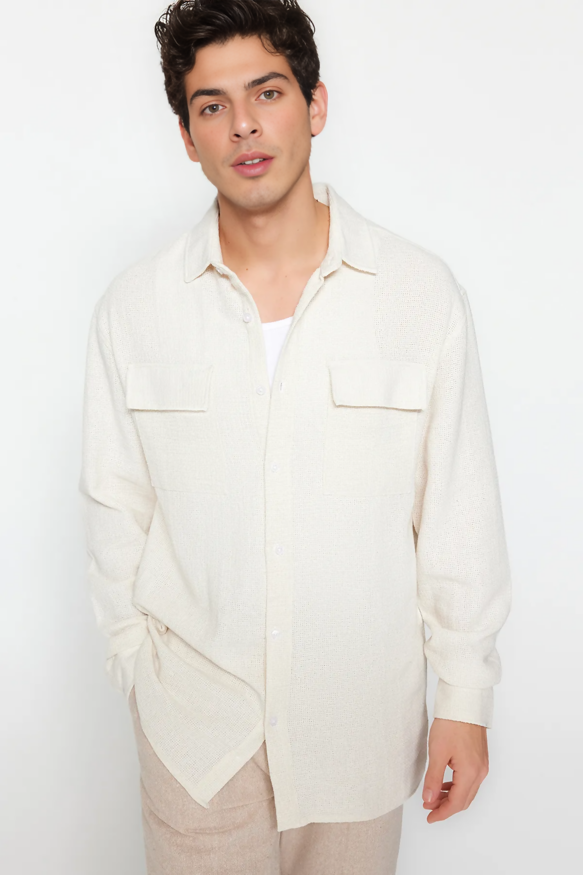 Oversize Linen Texture Jacket Shirt - Double Pocket