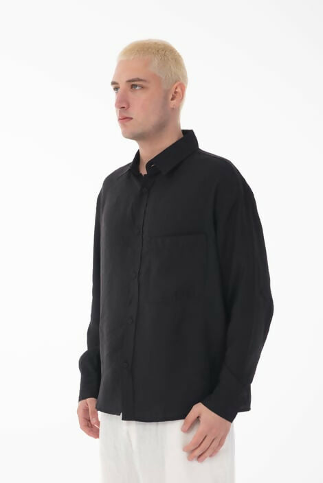 Stand Collar Single Pocket Detailed Long Sleeve Modal Shirt - Black