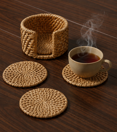 Round Rattan Coaster Set of 6 with holder