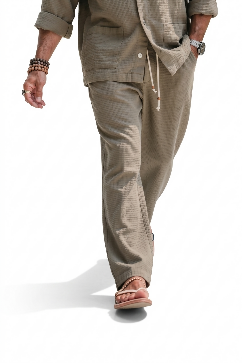 Waffle Texture Baggy Pants - Khaki