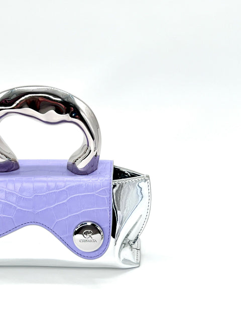 Lavender Crocodile Embossed Bag CRISANTA Crocodile-Embossed Mini Handbag with Sculptural Silver Handle